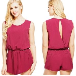 Red Romper Shorts Cross Back Gathered Waist Pocket